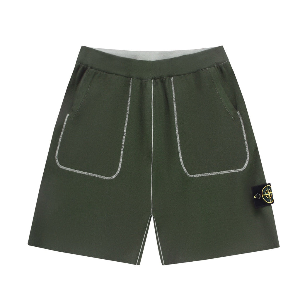 Stone Island Technical Fabric Shorts with Bilateral Front Patch Pockets Contrast Topstitching and Compass Badge