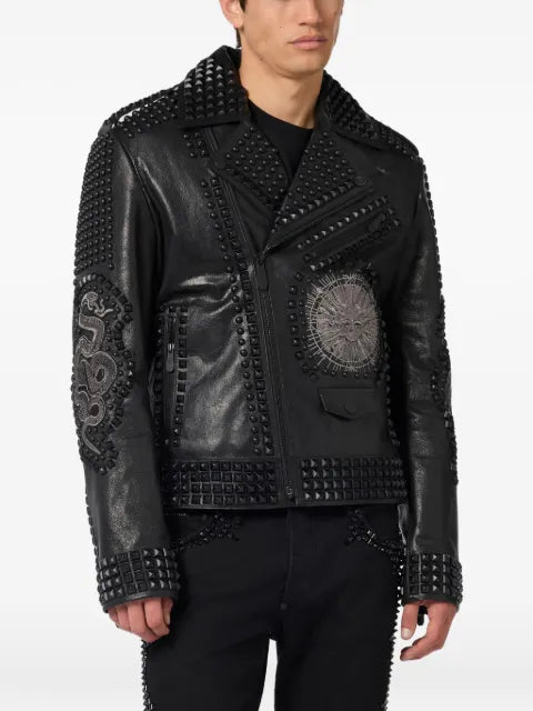 Philipp Plein studs embroidered leather biker jacket