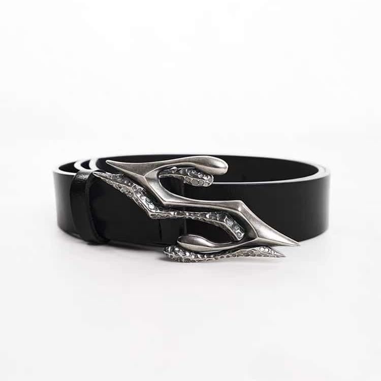 Startexceedend Leather Belt Abstract Sculptural Metal Buckle Waist