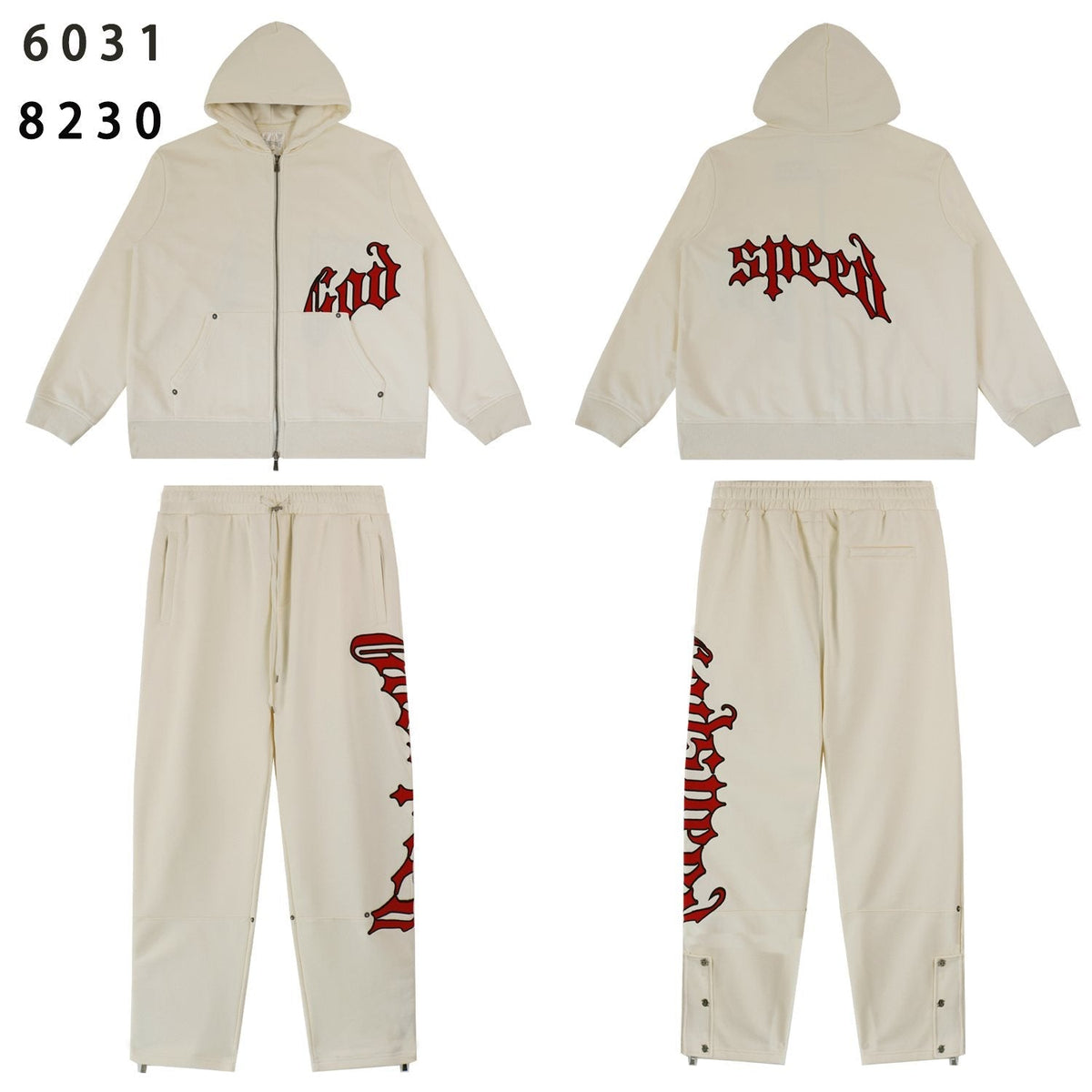 Godspeed Red Gothic Print Zip Hoodie Tracksuit Set