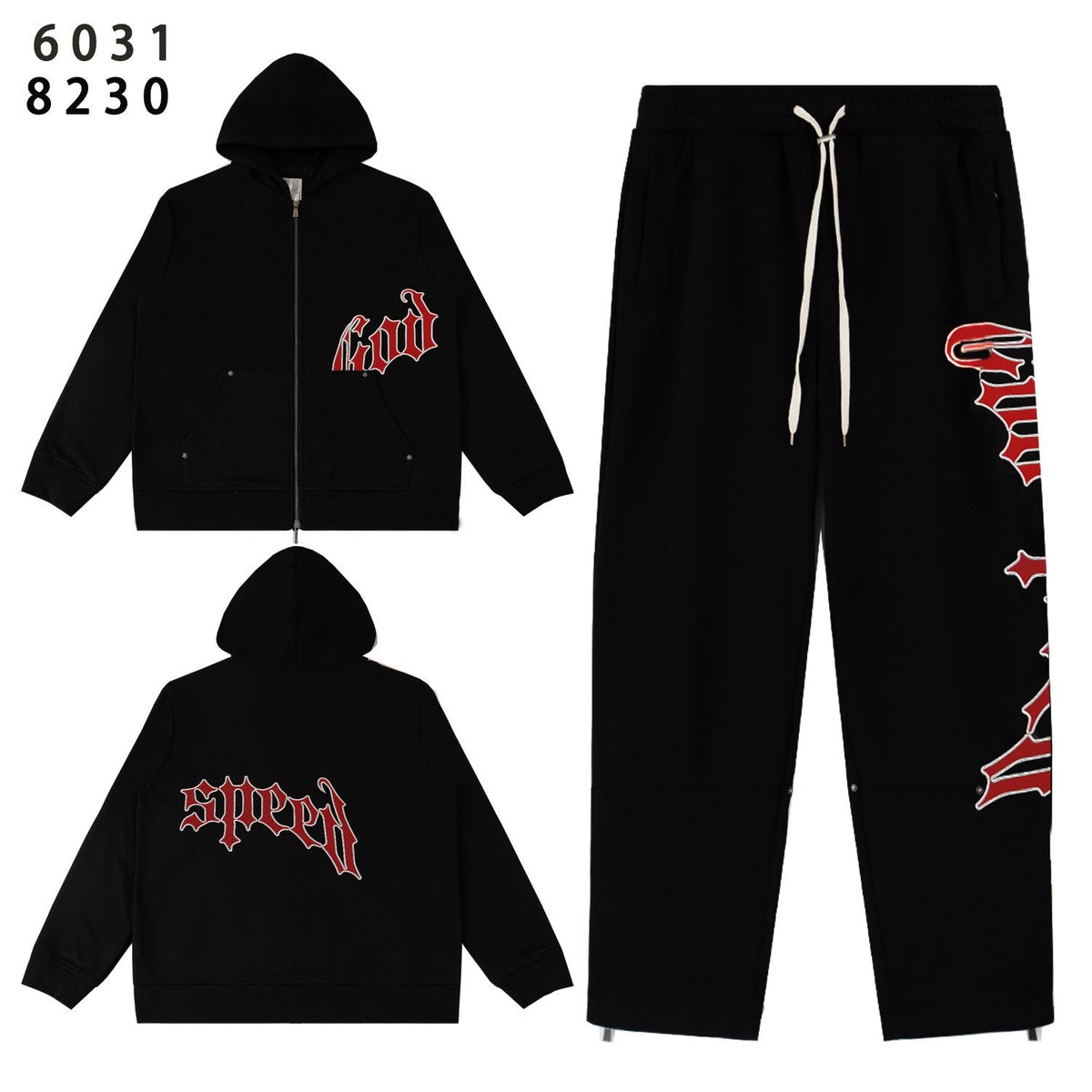 Godspeed Red Gothic Print Zip Hoodie Tracksuit Set