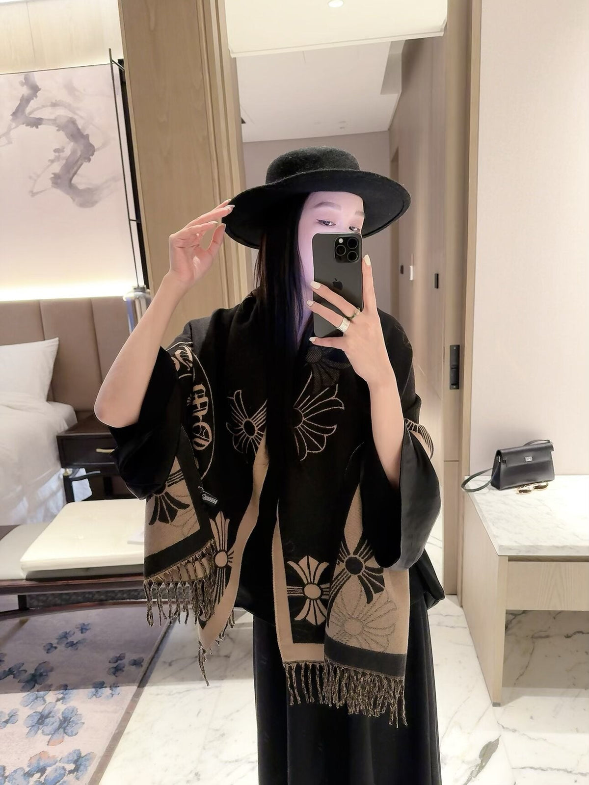 Chrome Hearts Style Cross Emblem Fringe Scarf