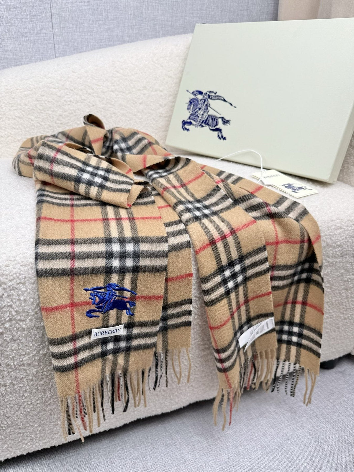 Burberry Beige Plaid Fringe Scarf