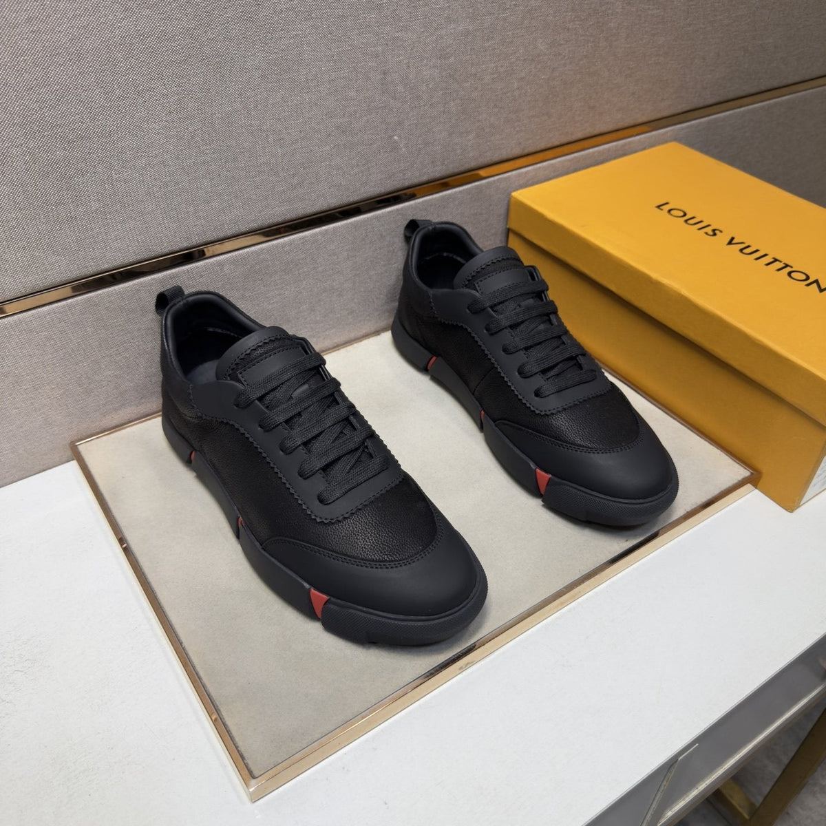 Louis Vuitton Black Low-Top Sneakers with Red Accents