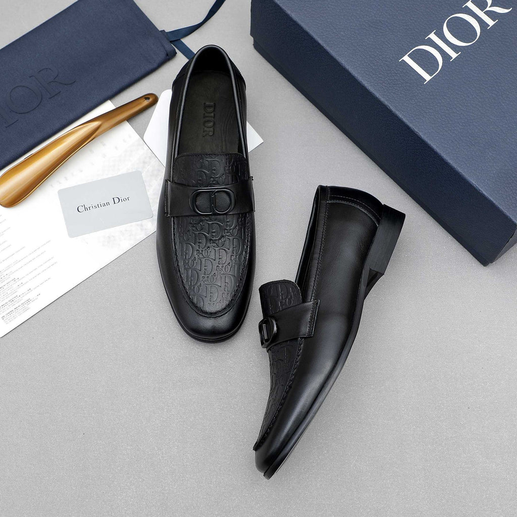 Dior Black Textured Buckle Loafers