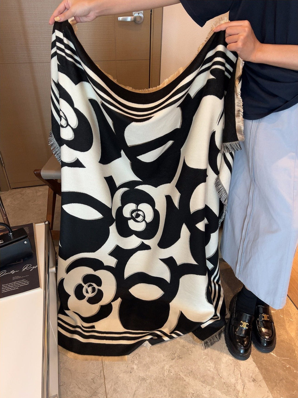 Chanel Black & Ivory Floral Scarf