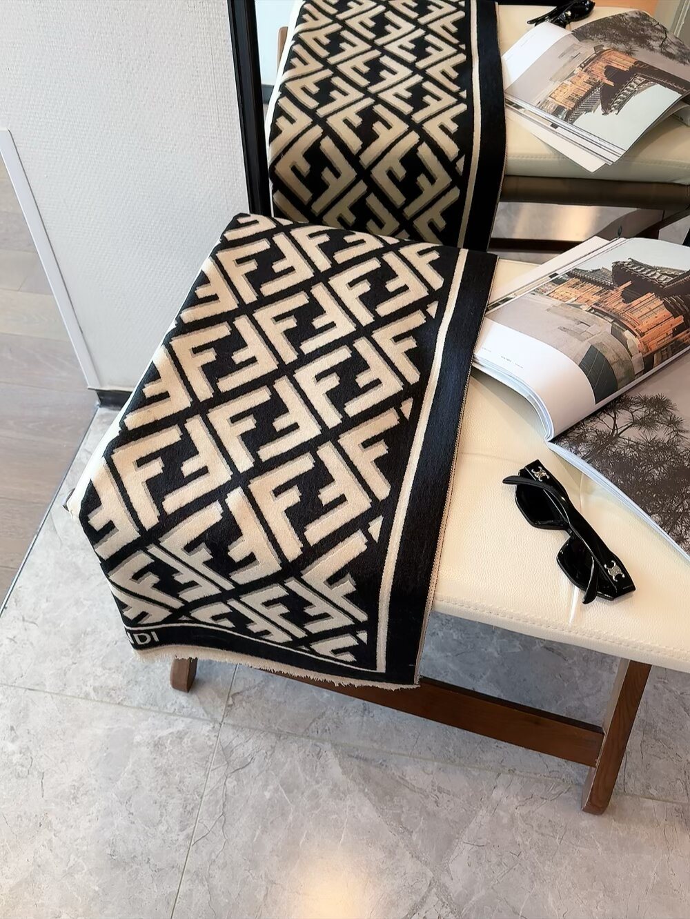 FENDI Black & Beige Monogram Scarf