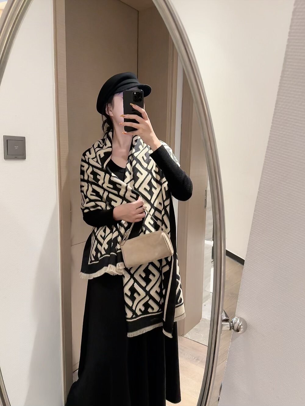 FENDI Black & Beige Monogram Scarf
