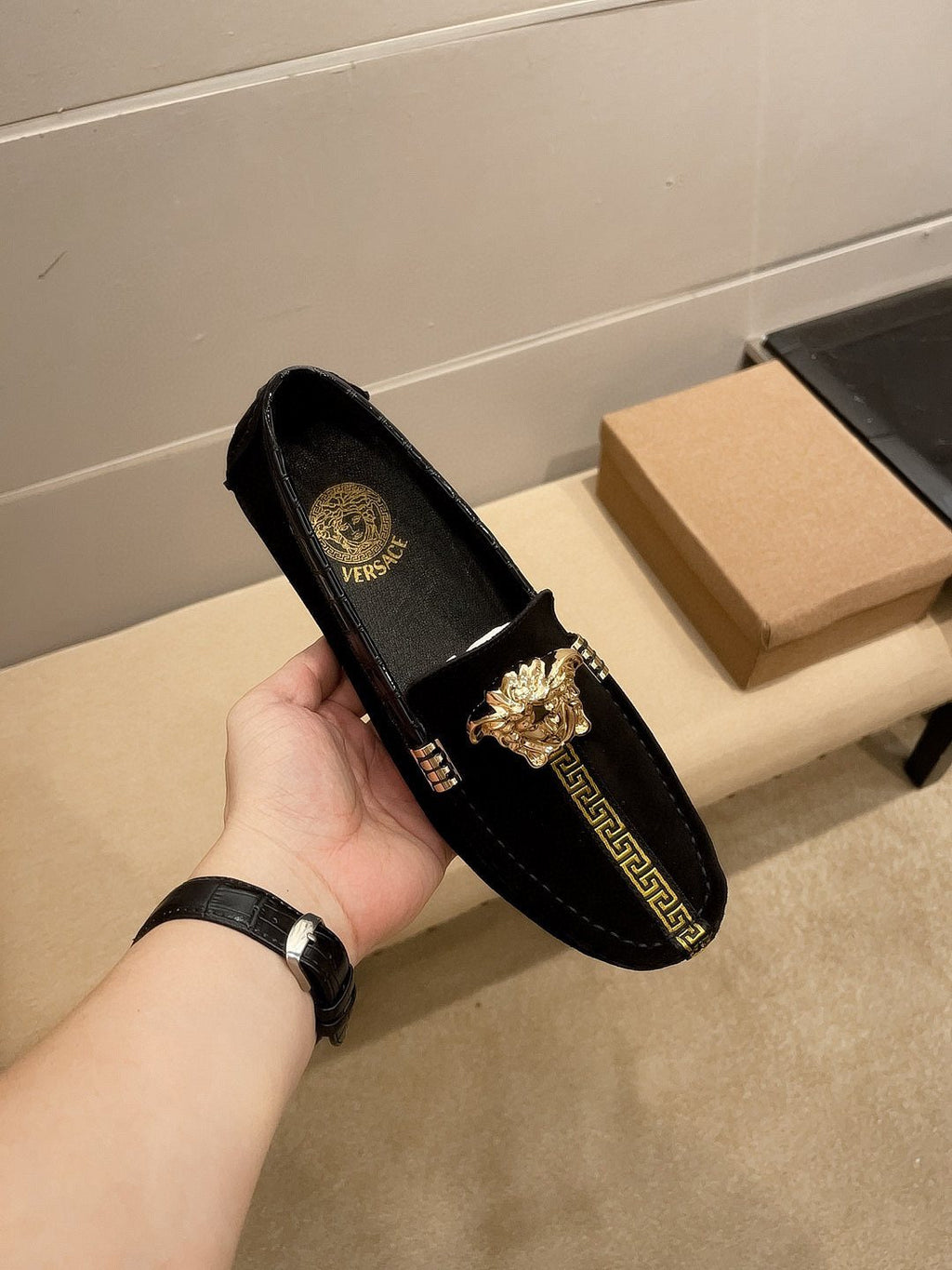 Versace Black Gold-Tone Hardware Loafers