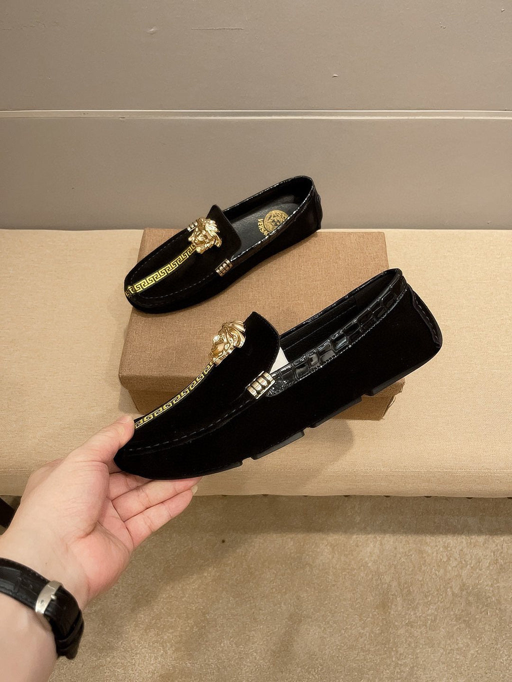 Versace Black Gold-Tone Hardware Loafers