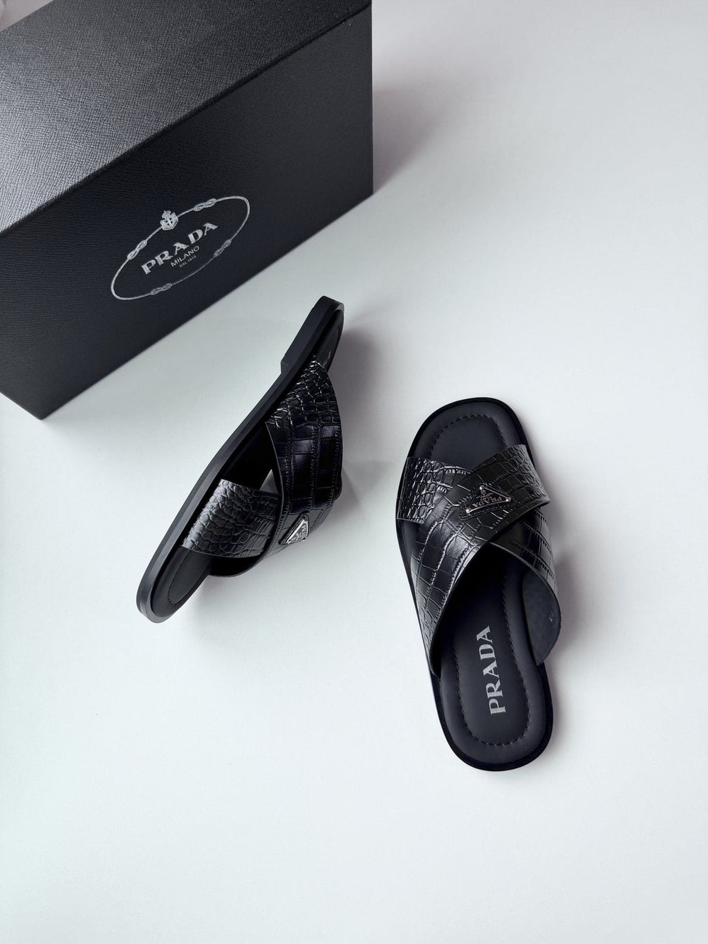 Prada Men's Croc-Embossed Cross-Strap Slide Sandals
