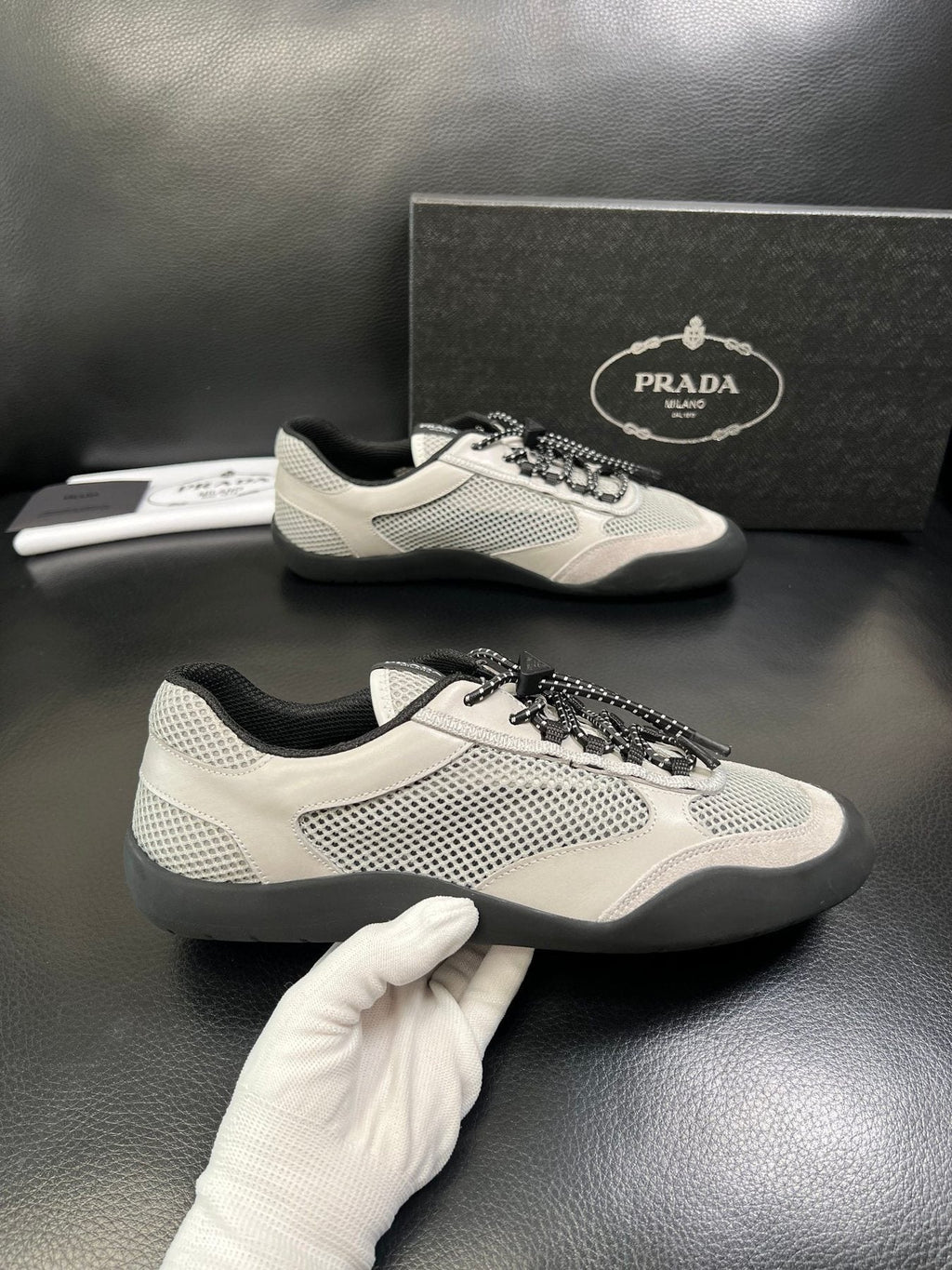 Prada Men's Off-White Perforated Sneakers