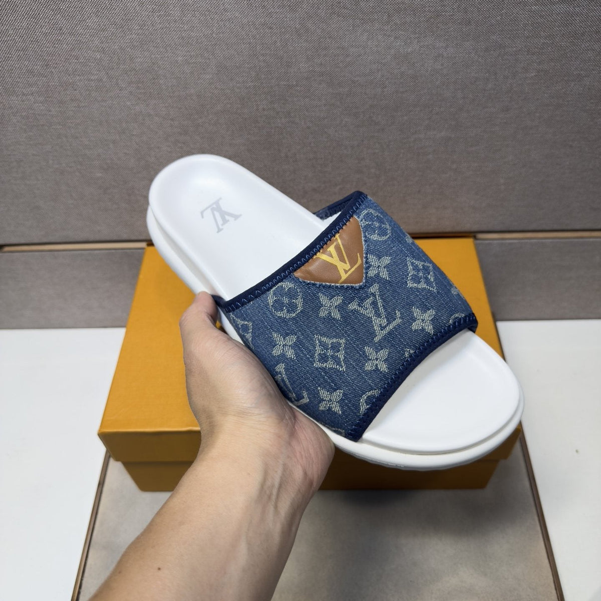 Louis Vuitton Navy Patterned Slide Sandals